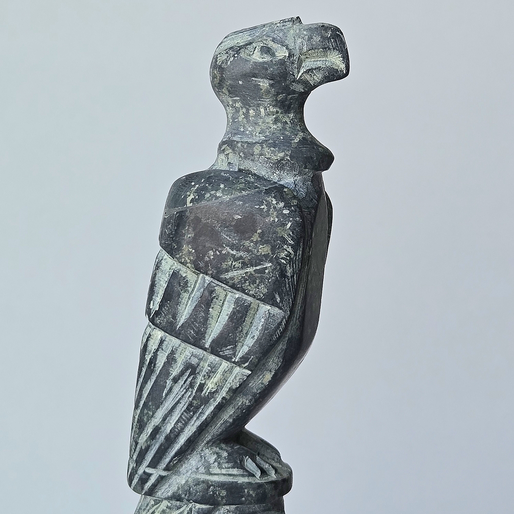 VTG Carved Green Stone Totem Sculpture-Eagle Warrior Snake w Petrified Wood Base - Picture 4 of 11